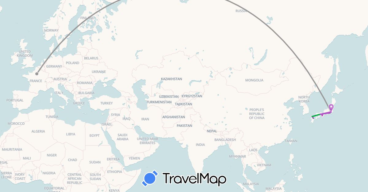 TravelMap itinerary: driving, bus, plane, train, hiking, boat in France, Japan (Asia, Europe)